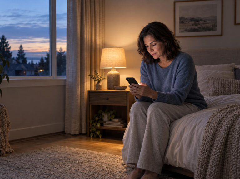 Dark-haired woman checks phone beside warm bedroom lamp
