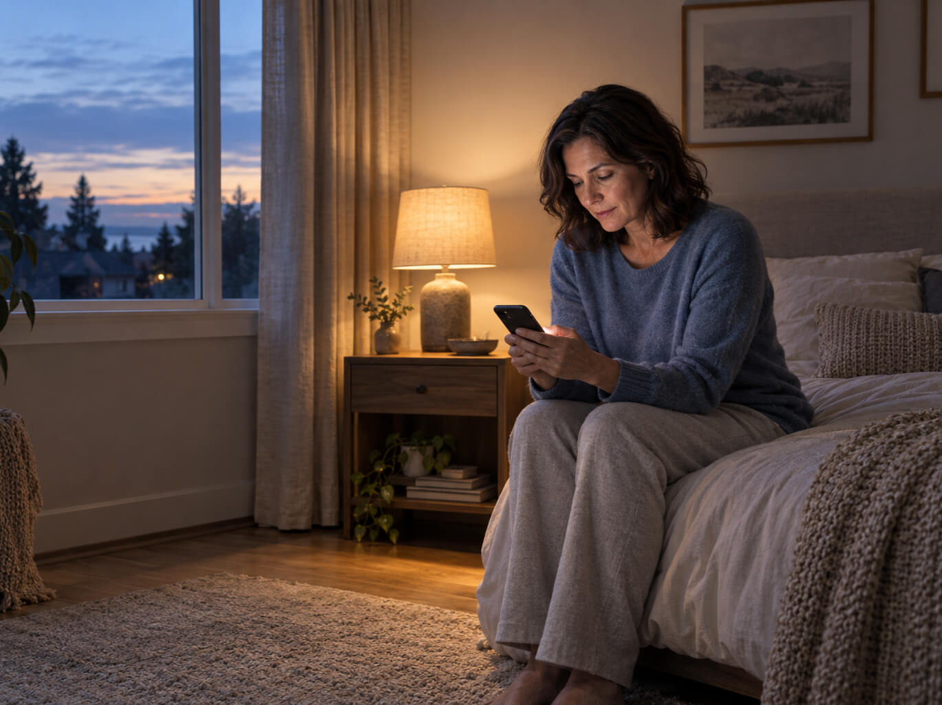 Dark-haired woman checks phone beside warm bedroom lamp