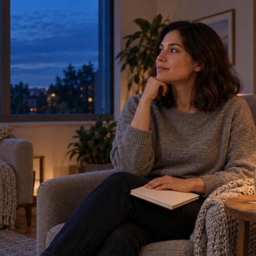 Dark-haired woman reflects beside lamp at blue-hour window