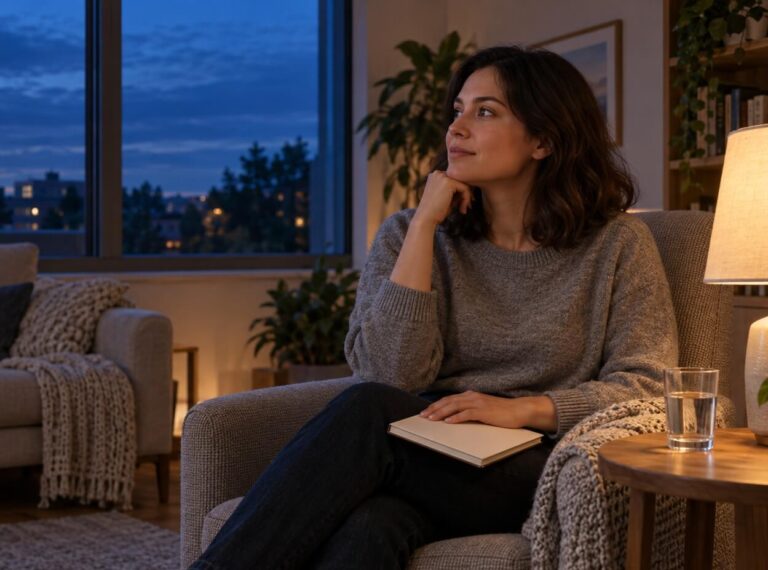 Dark-haired woman reflects beside lamp at blue-hour window