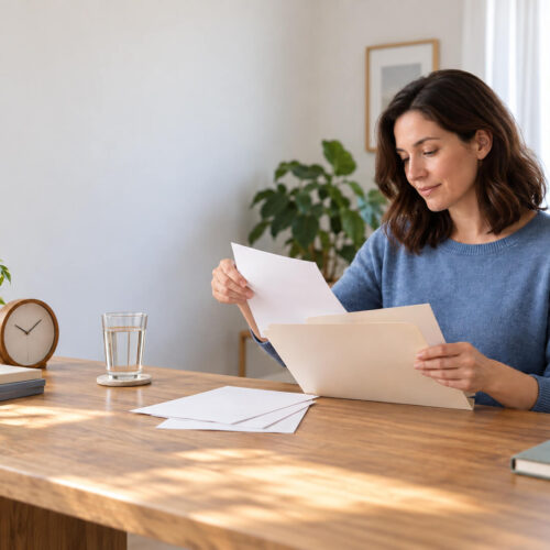 Woman organizing blank papers before migraine appointment