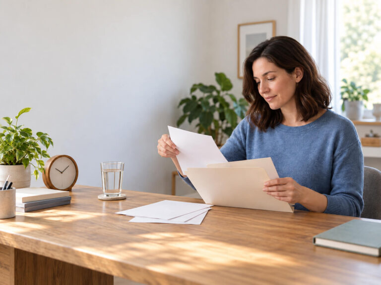 Woman organizing blank papers before migraine appointment