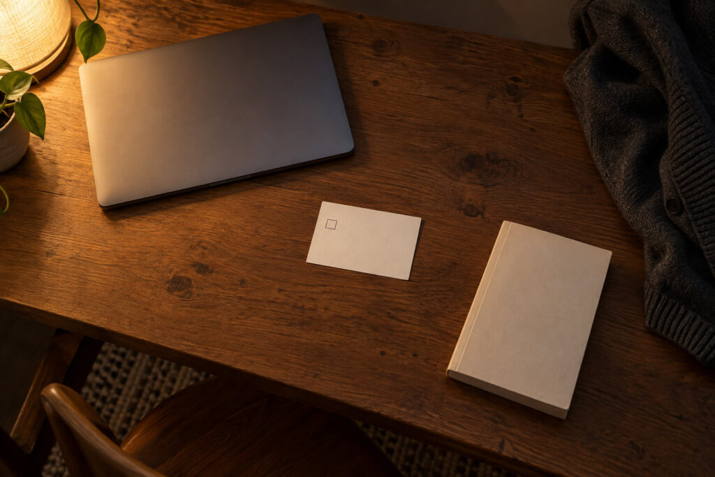 Closed laptop checklist and paperback form late-night handoff