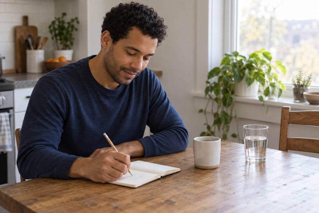 Curly-haired man writes morning notes beside sunny window
