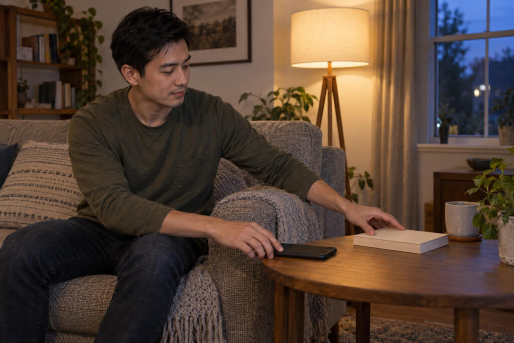 Short-haired man sets phone beside blank book