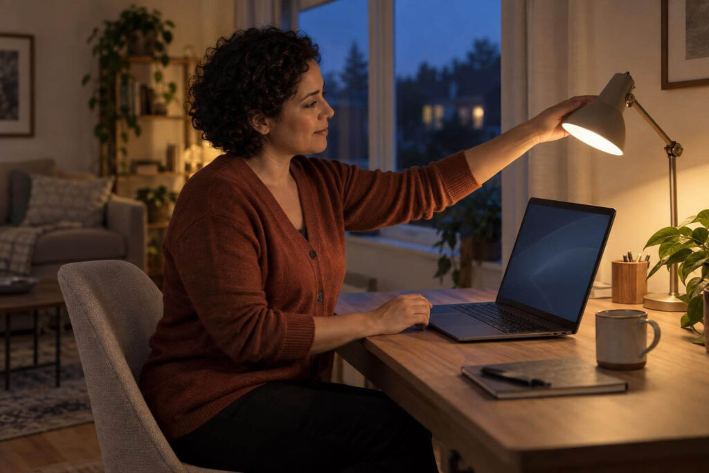 Woman redirects desk lamp away from laptop screen