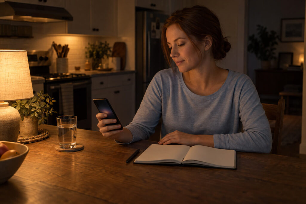 Auburn-haired woman checks dim phone beside open notebook