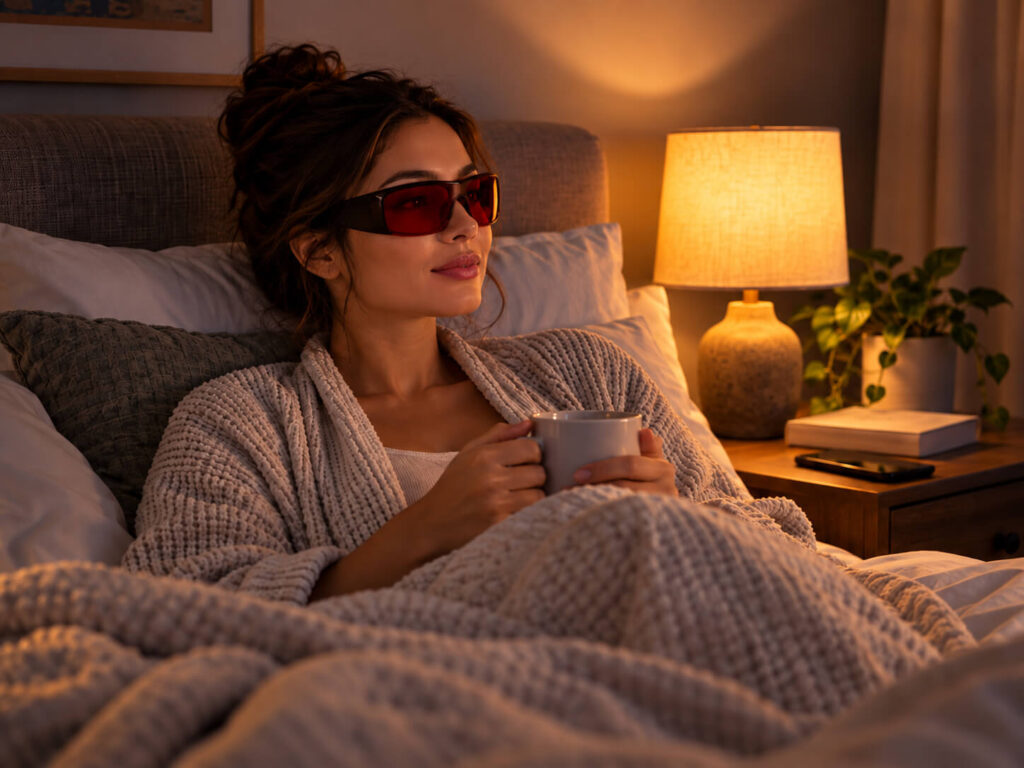 Person wearing Dark Red glasses during a quiet final wind-down