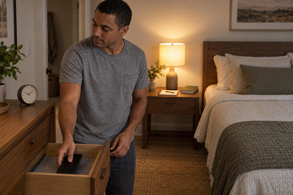 Man places phone in drawer beside alarm clock