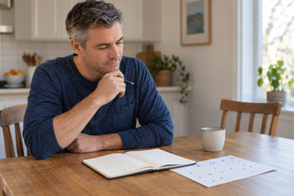Salt-and-pepper-haired man reviews notebook beside dotted weekly calendar