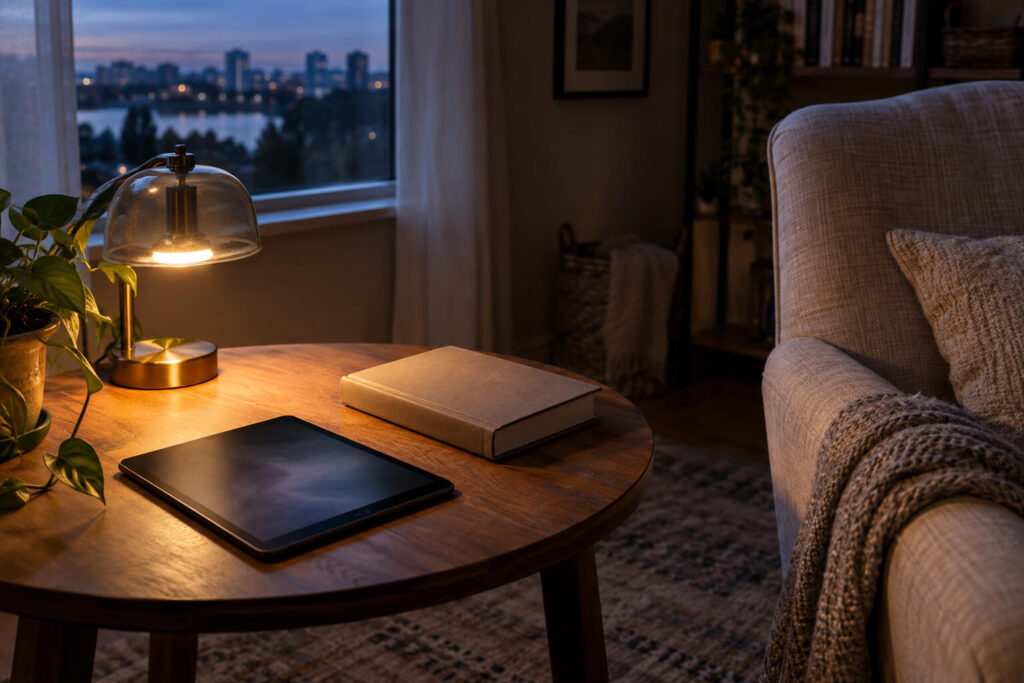 Warm lamp and dim tablet in evening reading nook