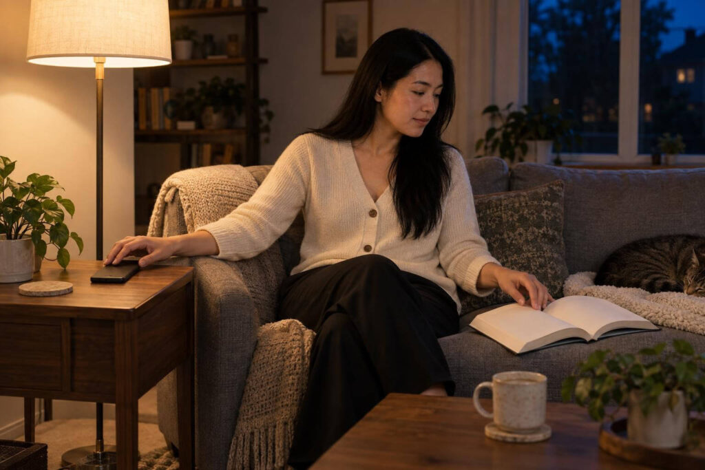 Woman sets down phone beside book under warm lamp