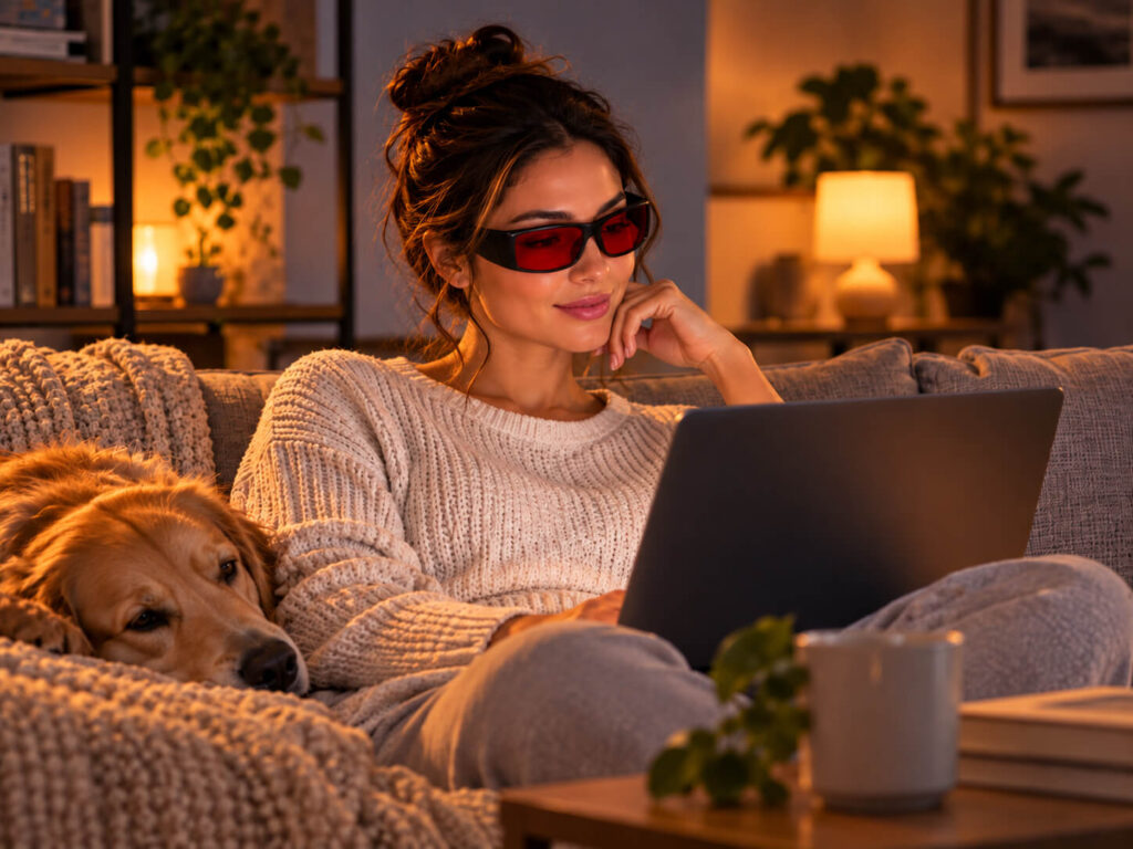 Adult wearing Red glasses during a normal evening at home