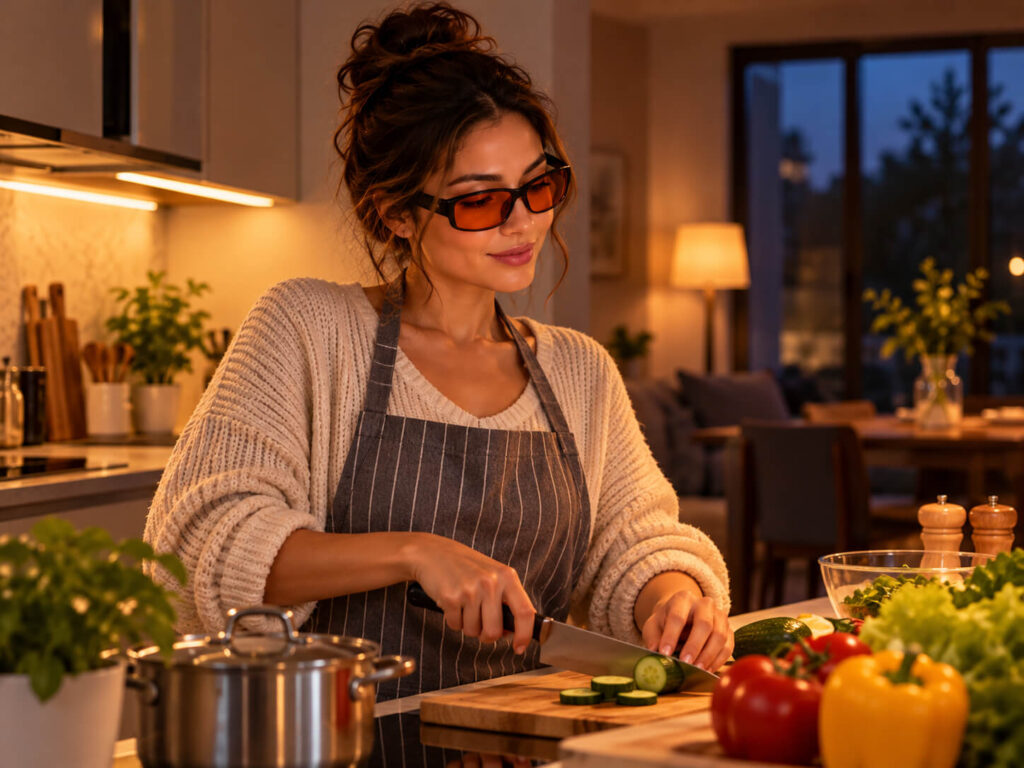 Person wearing Orange glasses while doing early-evening household tasks